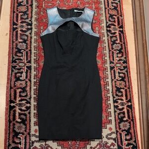 Trina Turk Black and Silver Sheath Dress Mock Neck Sleeveless